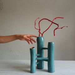 Vasi Comunicanti 3 elements BLUE-GREEN in ceramic XXI Century by Chiara Berta