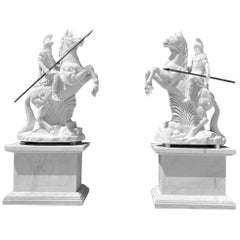 Marble Carved Conquistador Rearing Horses