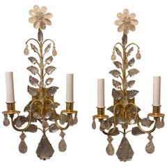 Wonderful Pair Gold Gilt Rock Crystal Leaf Bouquet Flower Maison Baguès Sconces