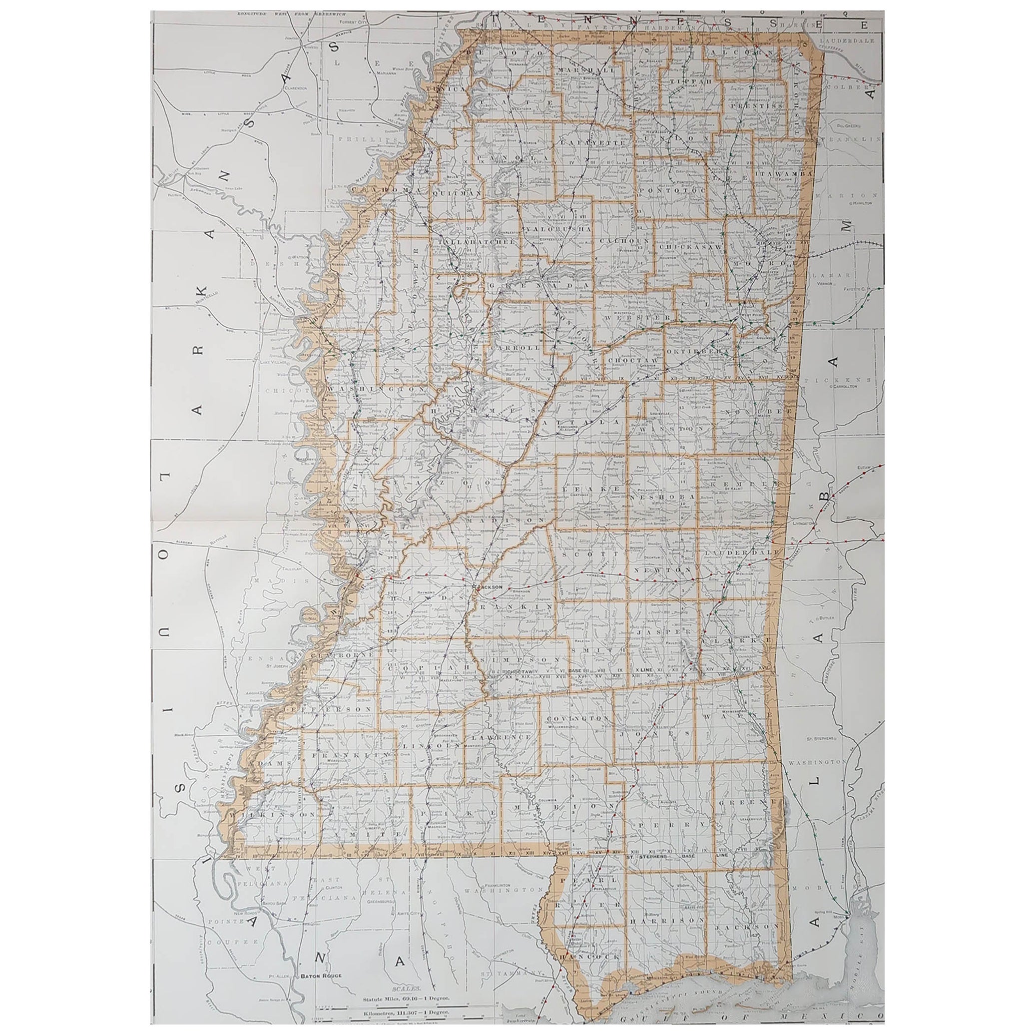 Large Original Antique Map of Mississippi, USA, 1894