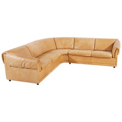Large Cognac Leather Danish Corner Sofa, 1970s