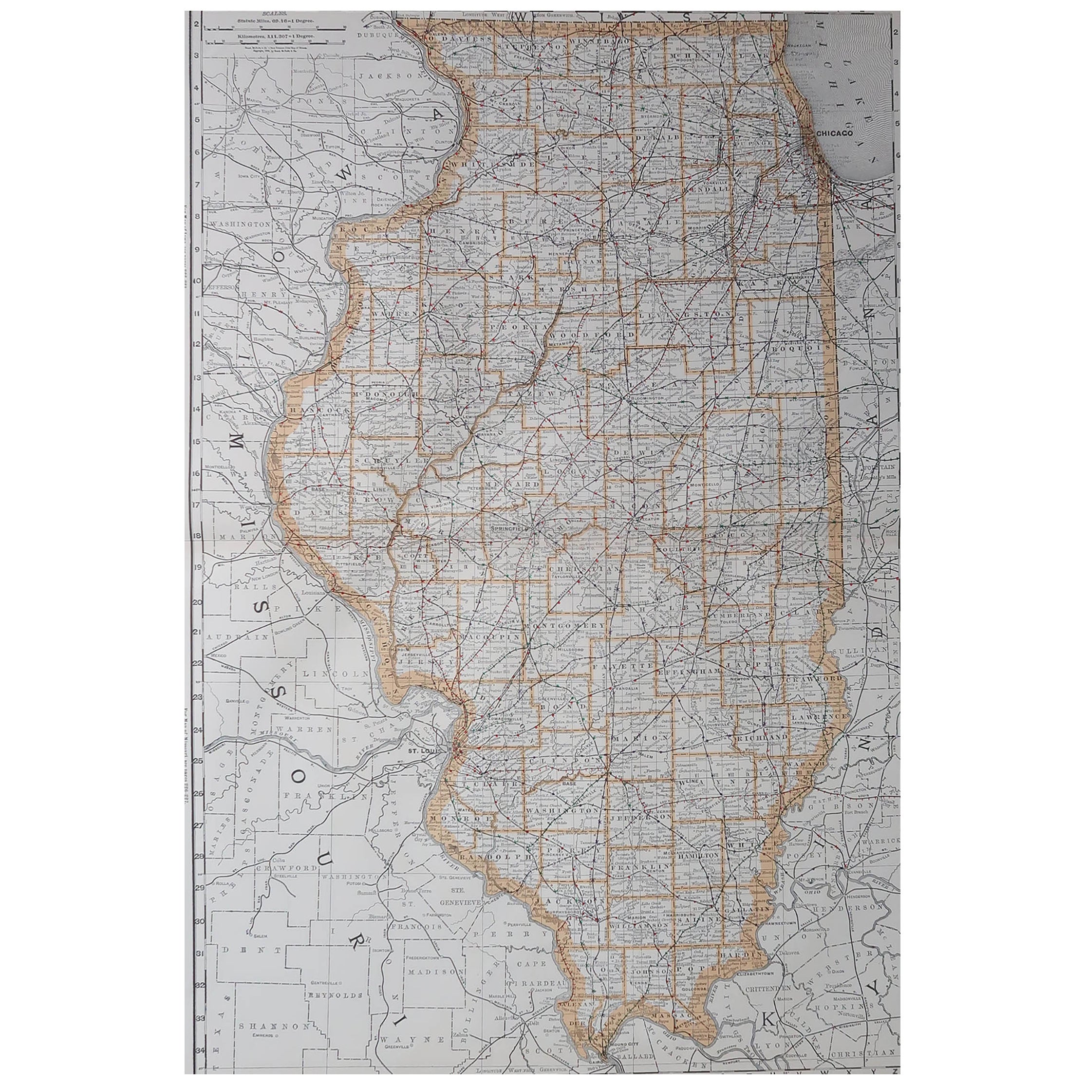 Large Original Antique Map of Illinois, USA, 1894