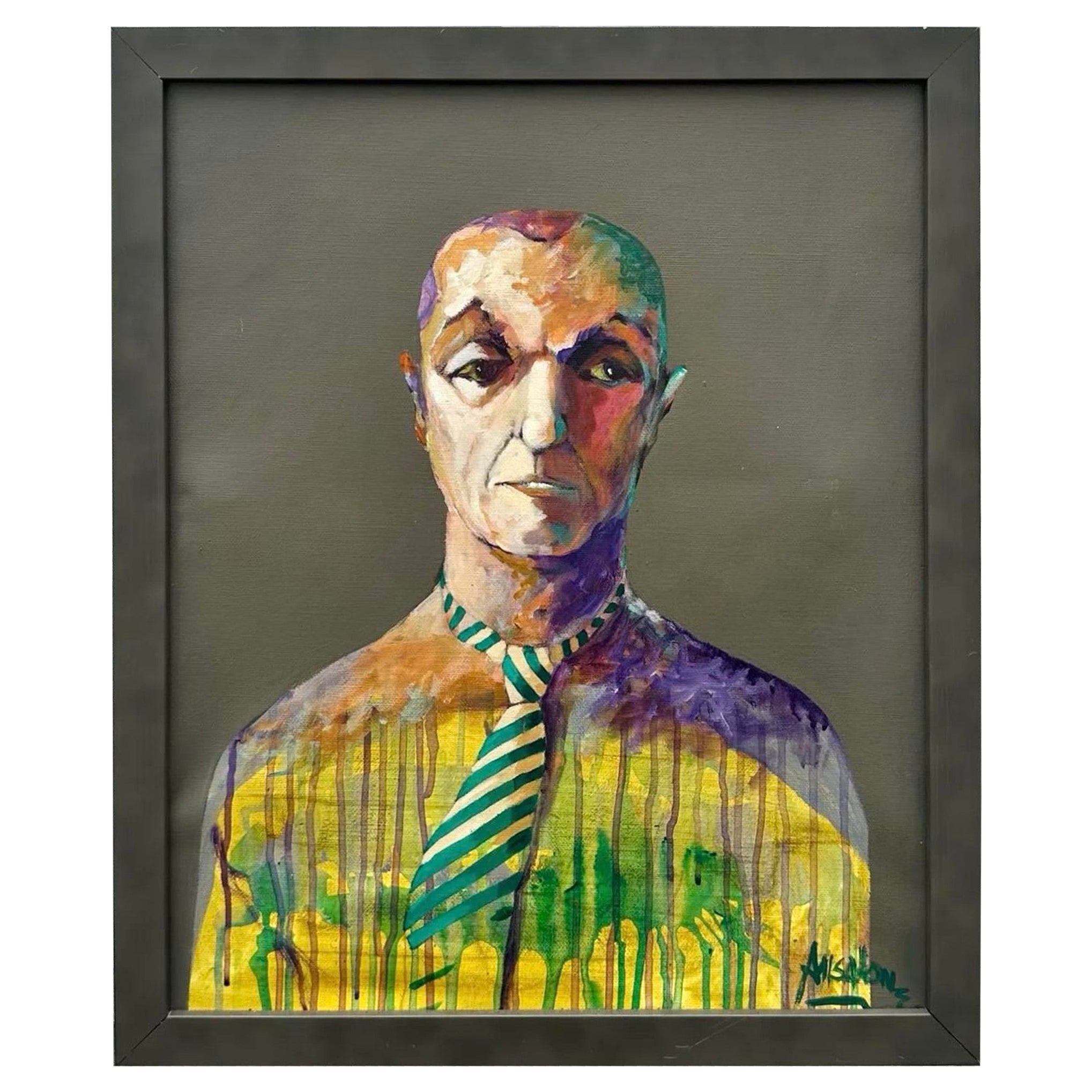 Pittura astratta boho vintage di uomo olio su tela firmata dall'artista