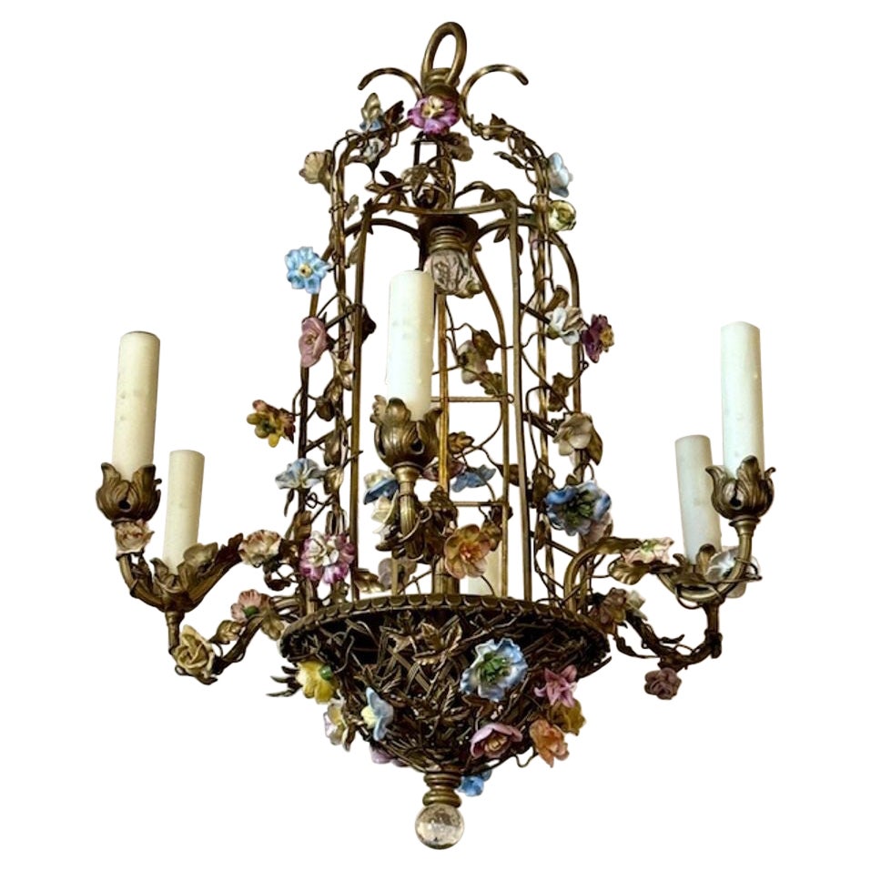 Early 20th Century French Brass and Porcelain Flower Chandelier