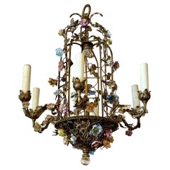 Early 20th Century French Brass and Porcelain Flower Chandelier