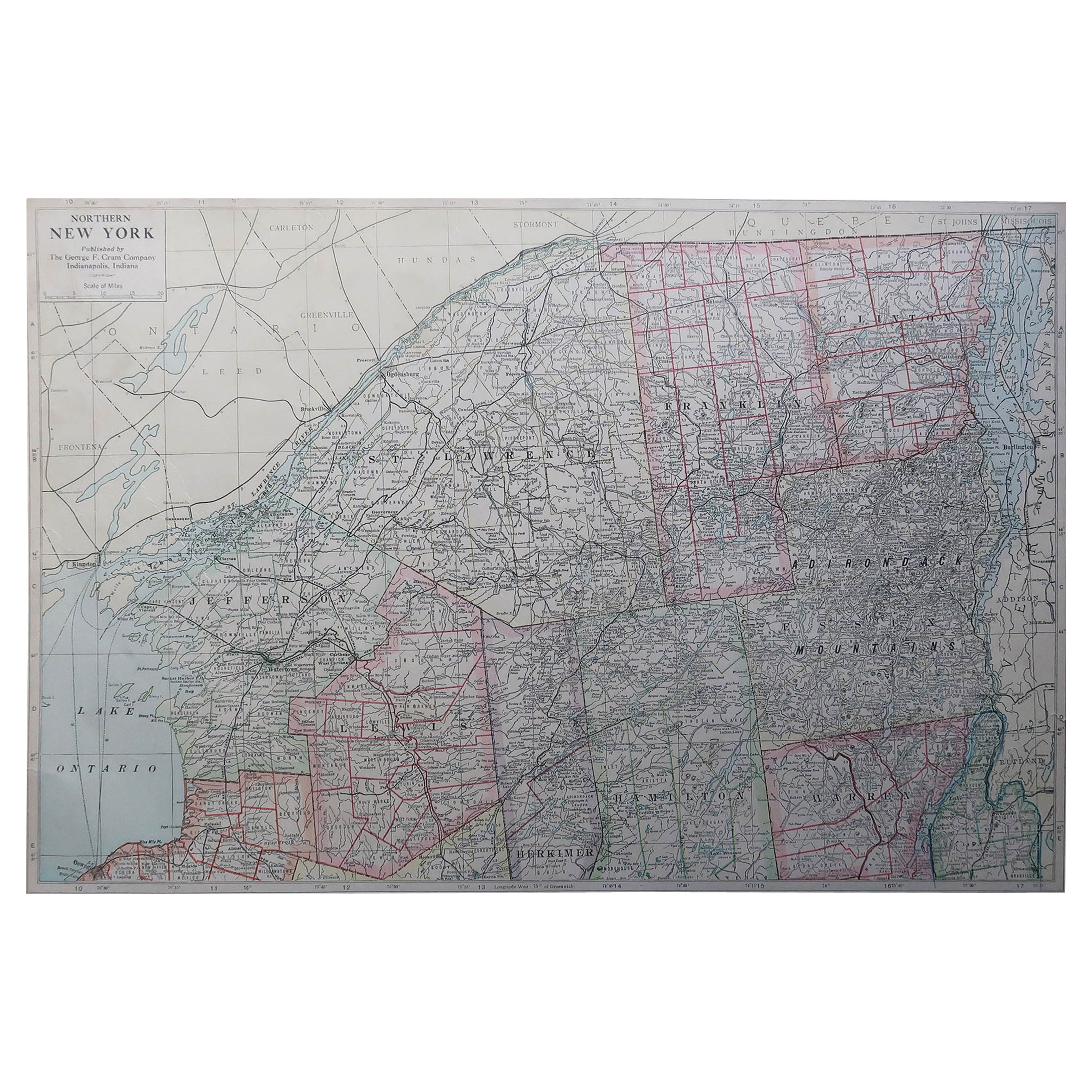 Large Original Antique Map of New York State ( Northern ), USA, C.1900