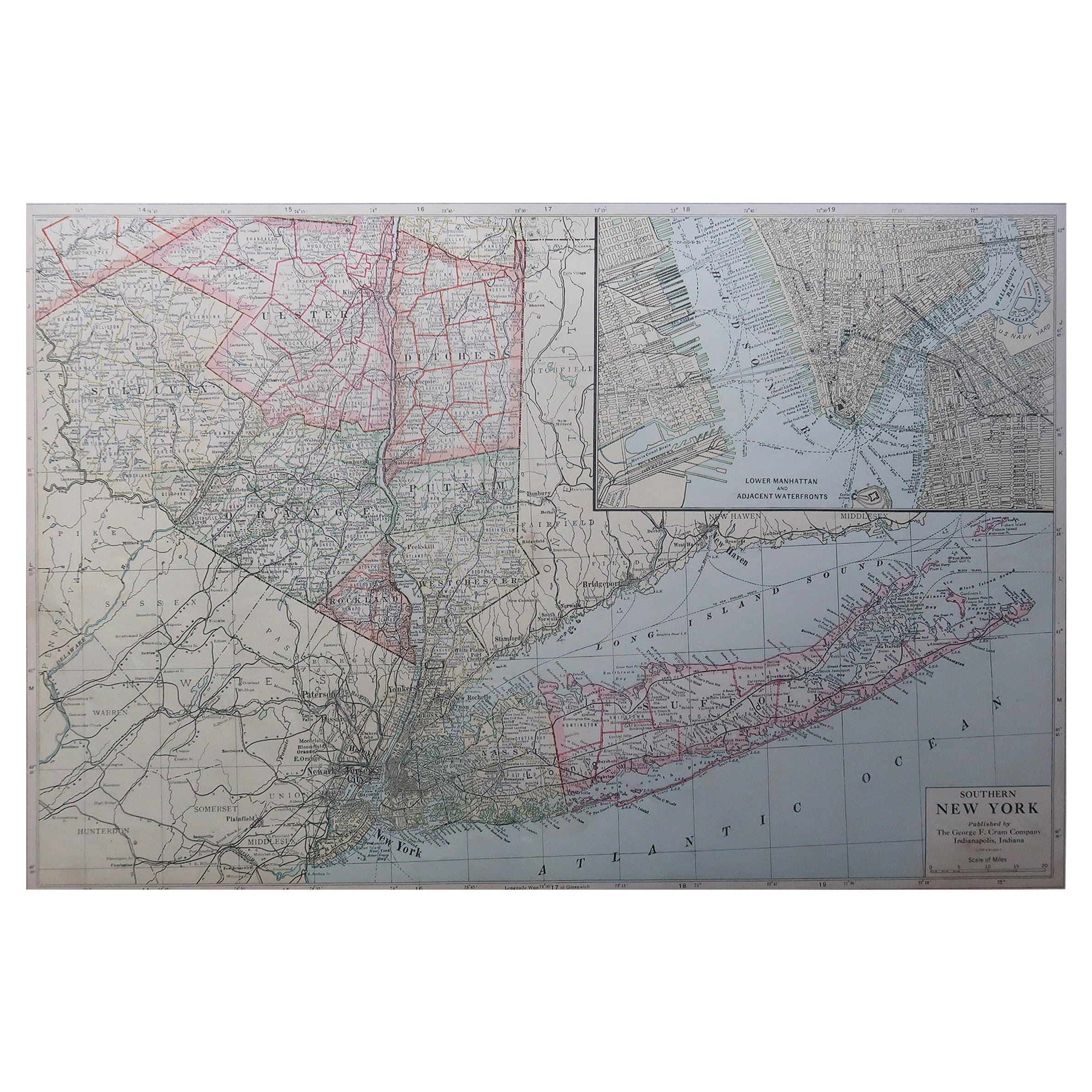 Large Original Antique Map of New York State( Southern ), USA, C.1900