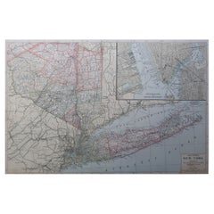 Grande mappa antica originale dello Stato di New York (Sud), USA, C.C.