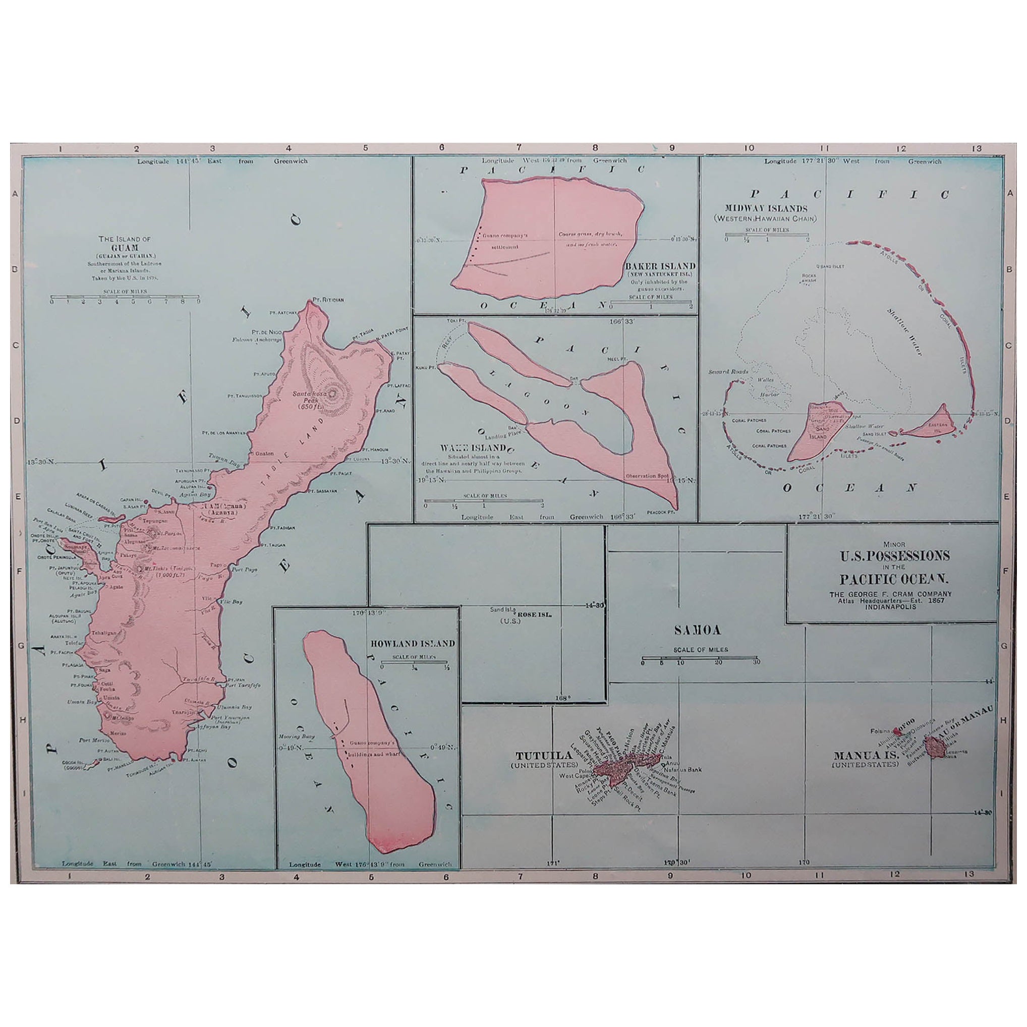 Original Antique Map of US Possessions In The Pacific Ocean, C.1900