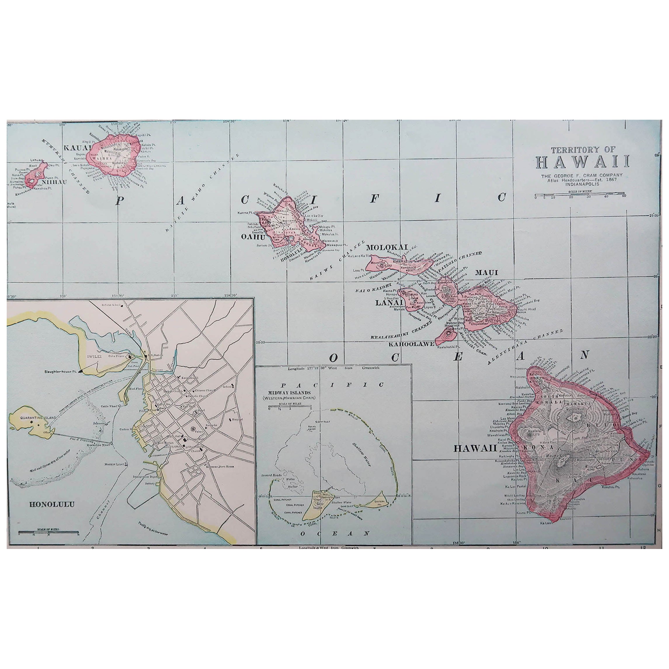 Original Antique Map of Hawaii And Adjacent Islands. C.1900