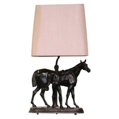 Französische patinierte Jockey- und Pferd-Skulptur-Tischlampe aus Zinn, 19. Jahrhundert