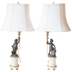 Pair of French 19th Century Neoclassical Style Marble and Bronze Putti Lamps