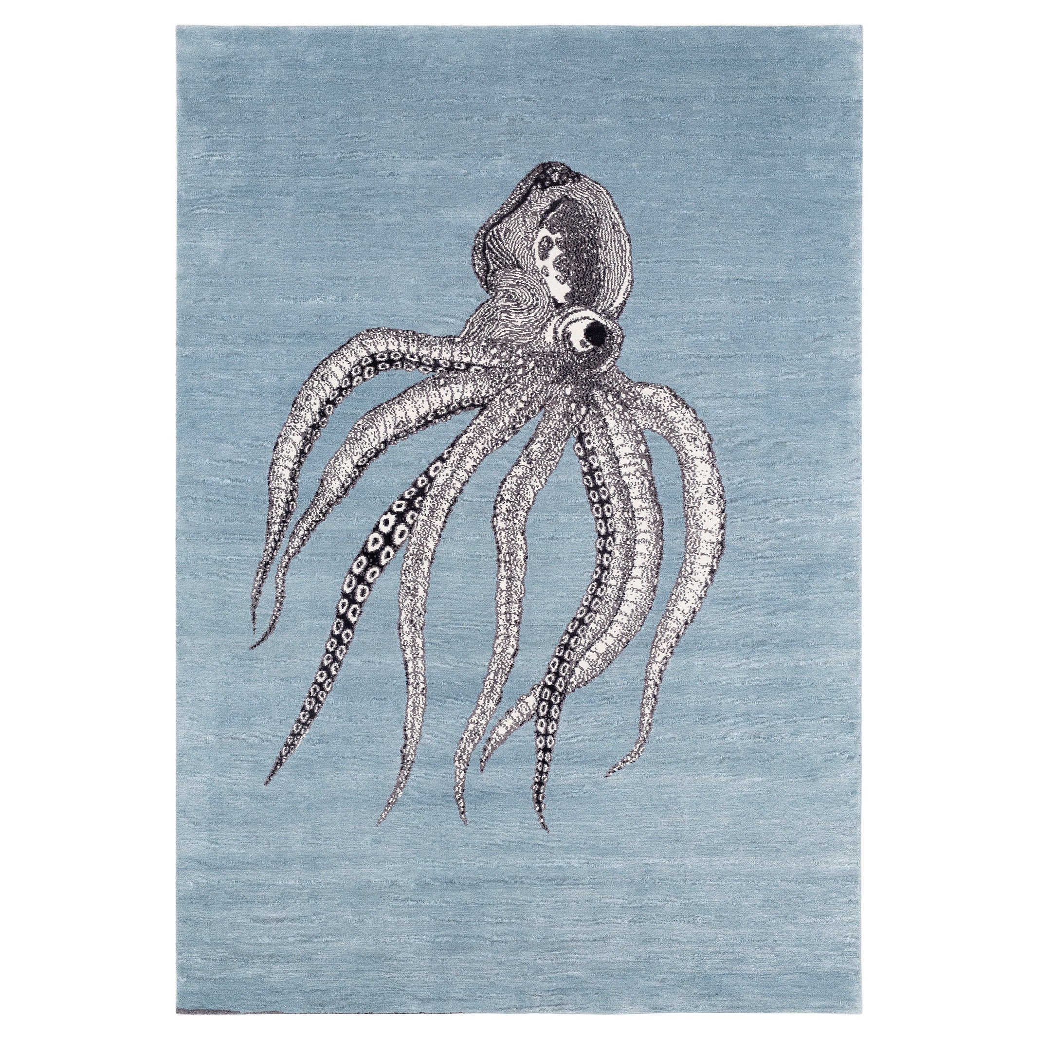 Modern Handmade Octopus Art Silk and Wool Area Rug Inky Blue by Joseph Carini