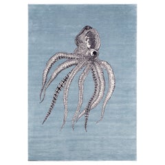Modern Handmade Octopus Art Silk and Wool Area Rug Inky Blue by Joseph Carini