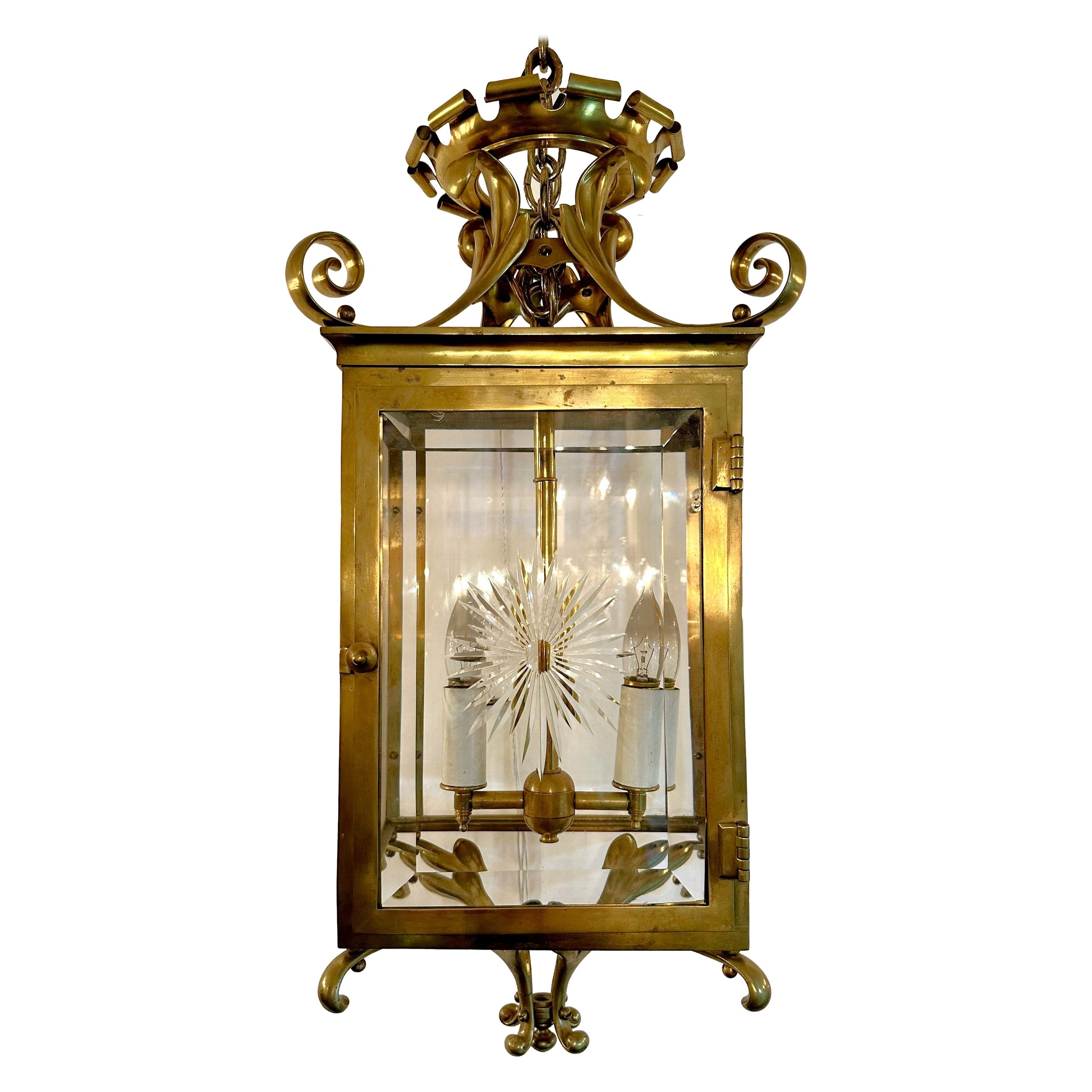 Antique French Gold Bronze Lantern with Wheel Carved & Beveled Glass, Circa 1890