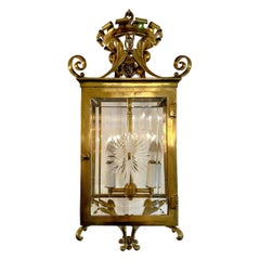 Antique French Gold Bronze Lantern with Wheel Carved & Beveled Glass, Circa 1890