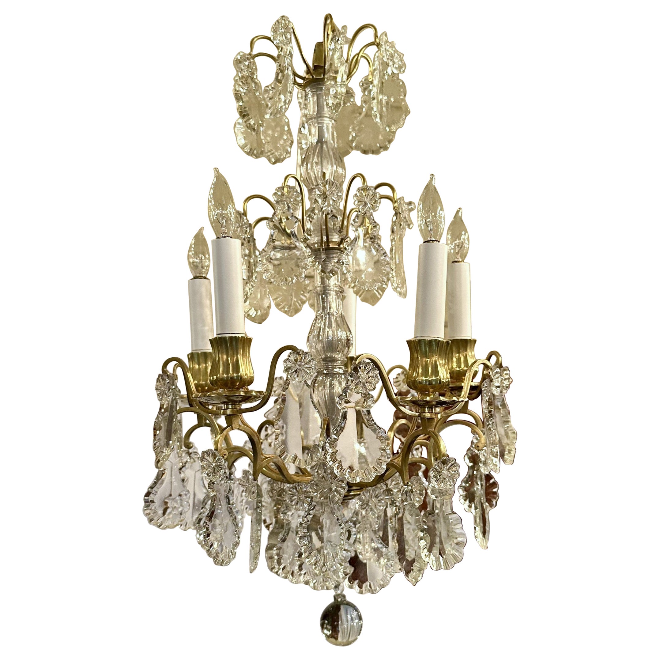 Estate French Gold Bronze and Cut Crystal Chandelier, Circa 1920-1930.