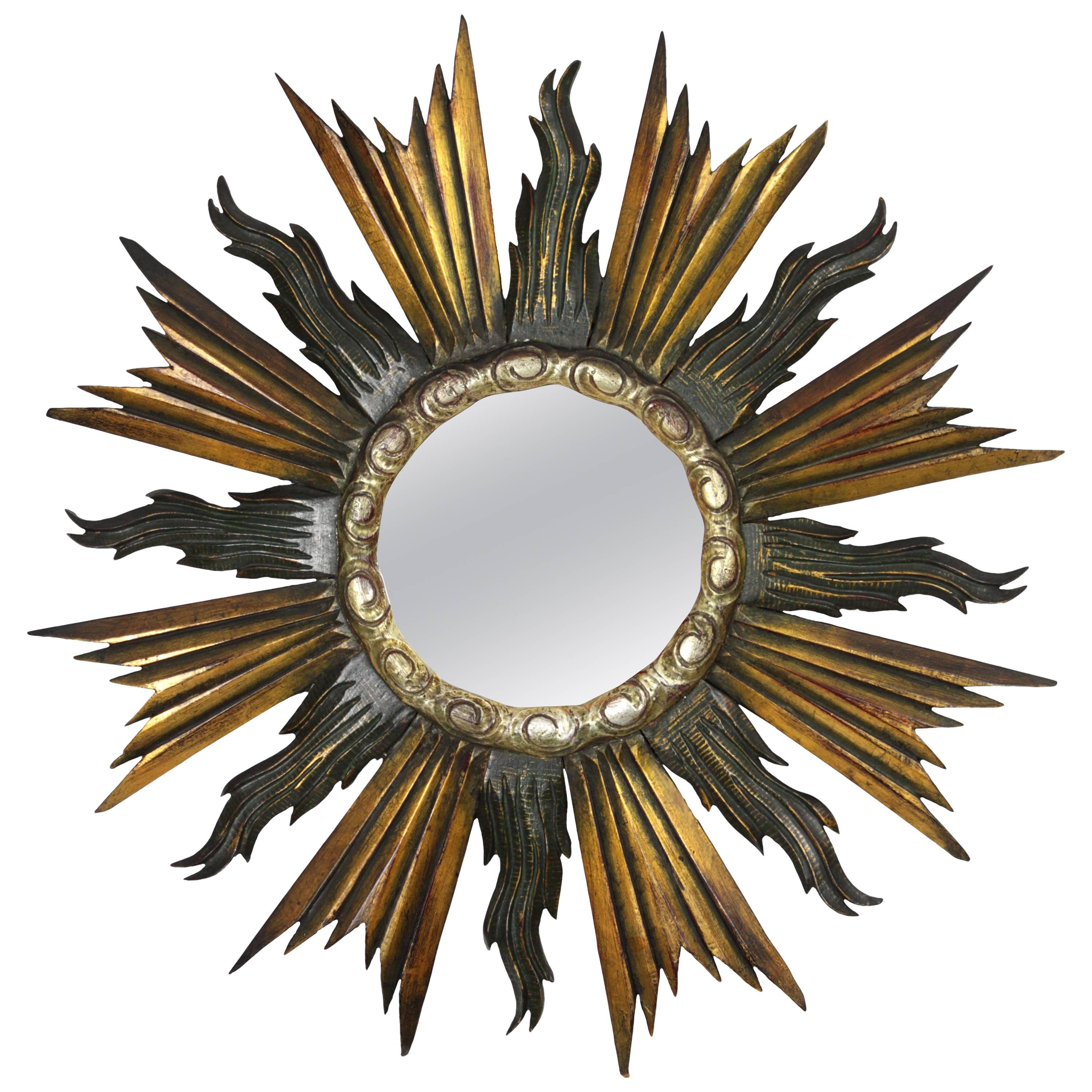  Baroque Style Giltwood, Black & Silvered Sunburst Mirror, Spain 1930s