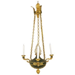 Empire Style Gilt Bronze and Green Tole Three-Light Chandelier