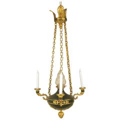 Empire Style Gilt Bronze and Green Tole Three-Light Chandelier 2