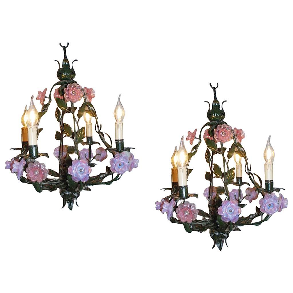 Pair of 20th Century Italian Iron Chandeliers For Sale