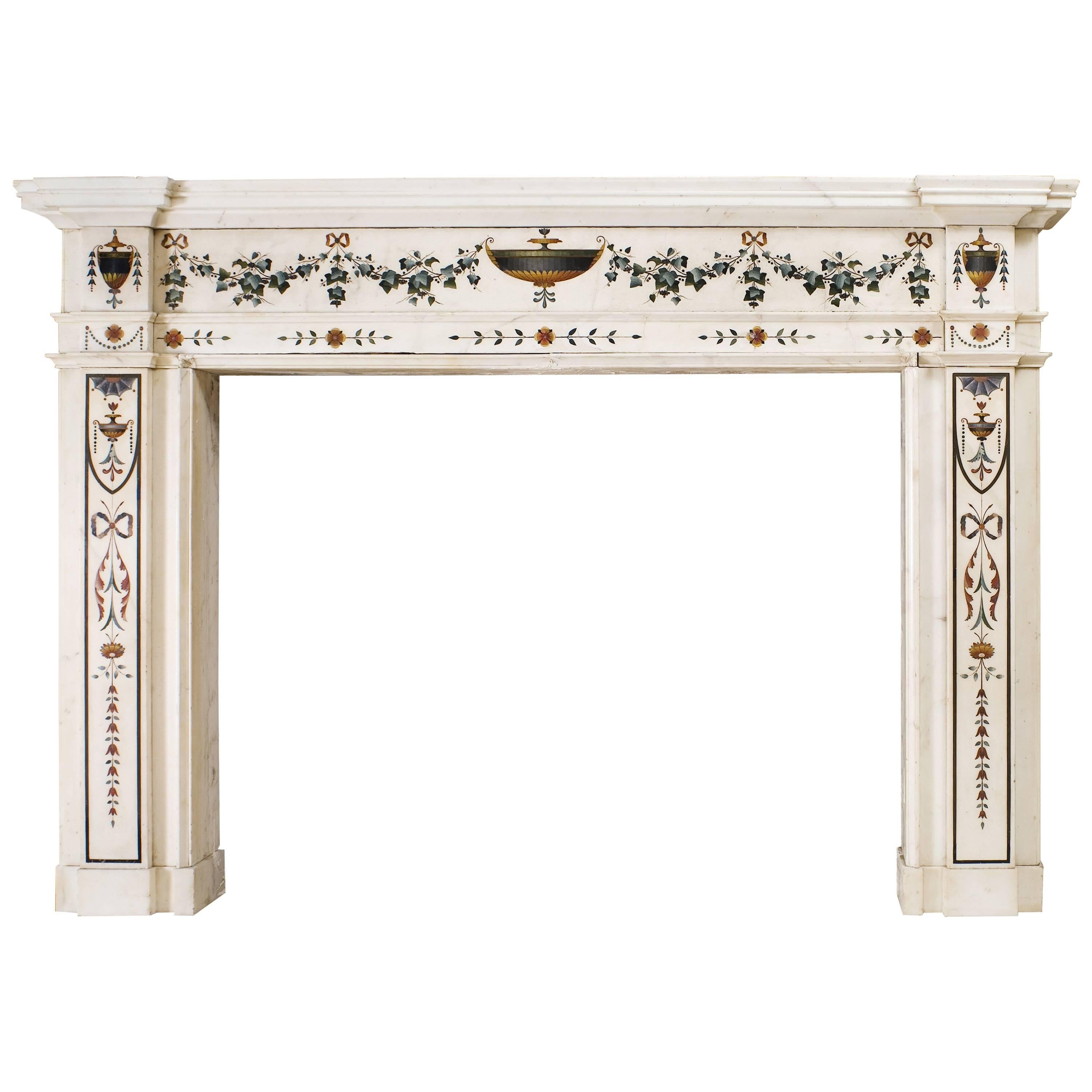 White Marble Fireplace with Pietro Bossi Scagliola Inlays, Late 18th Century For Sale