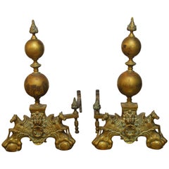 Antique Pair of Monumental English Brass Andirons