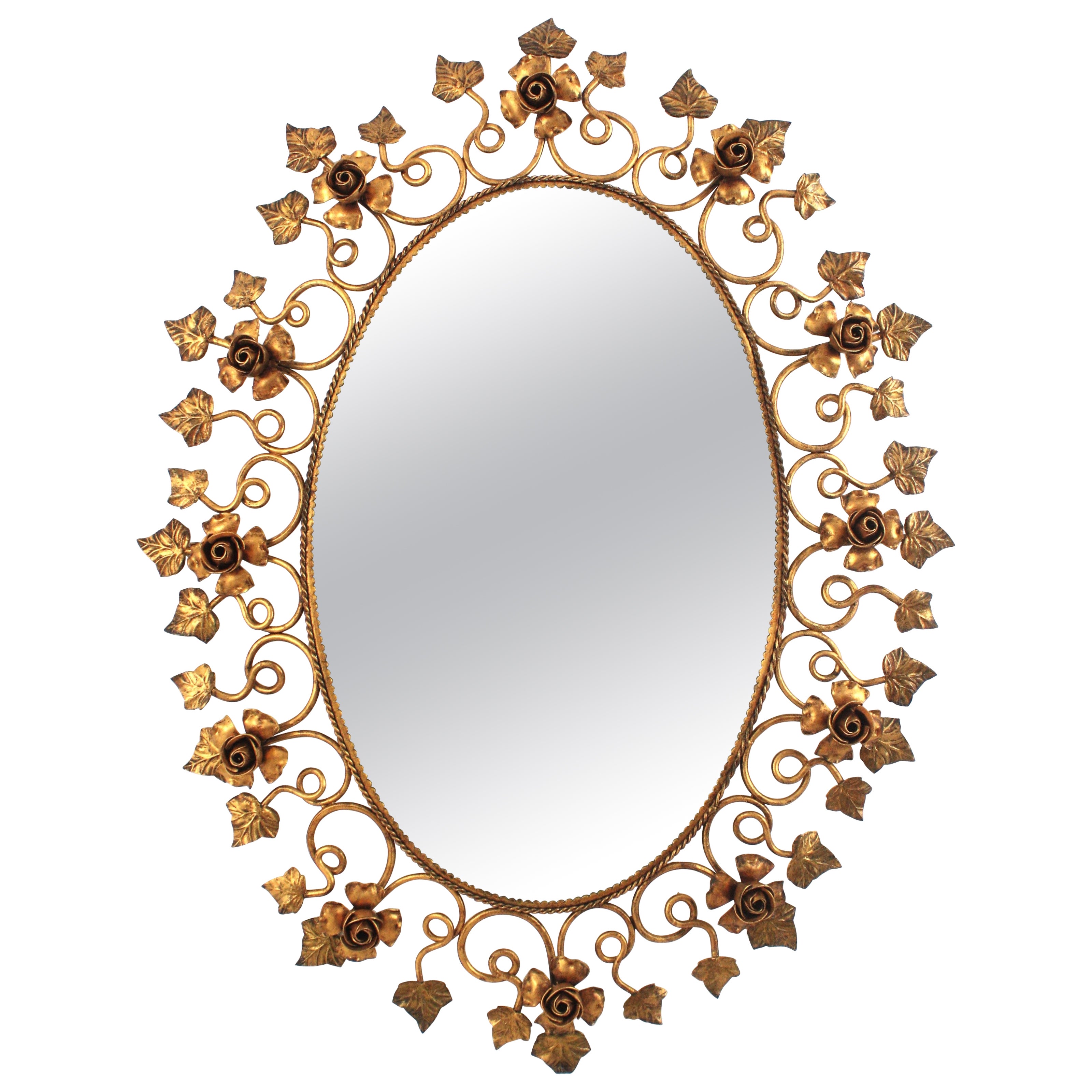 Oval Floral Foliage Large Wall Mirror in Gilt Metal, Hollywood Regency