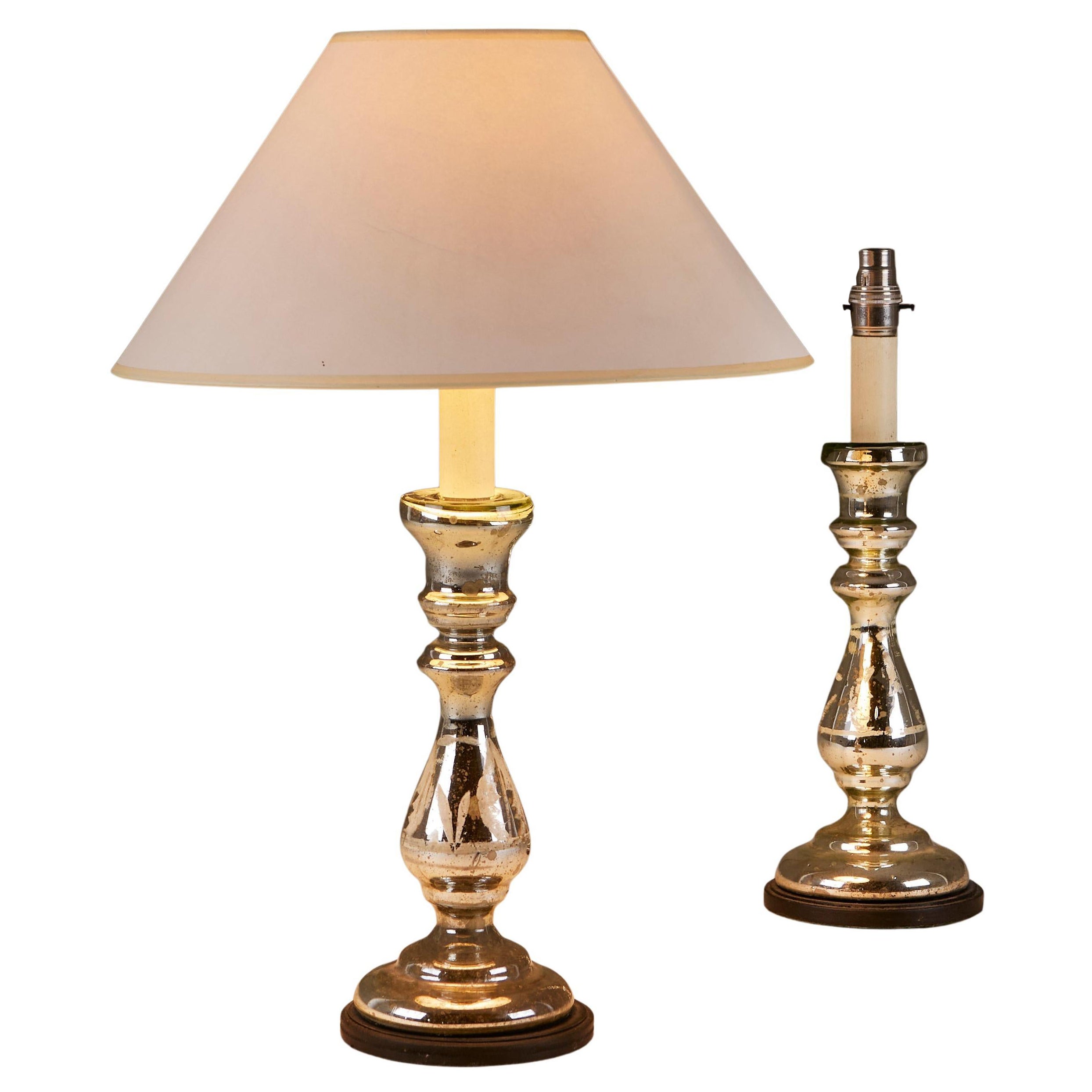 Vintage Mercury Glass table Lamps with shades. 1940s, English, set For Sale