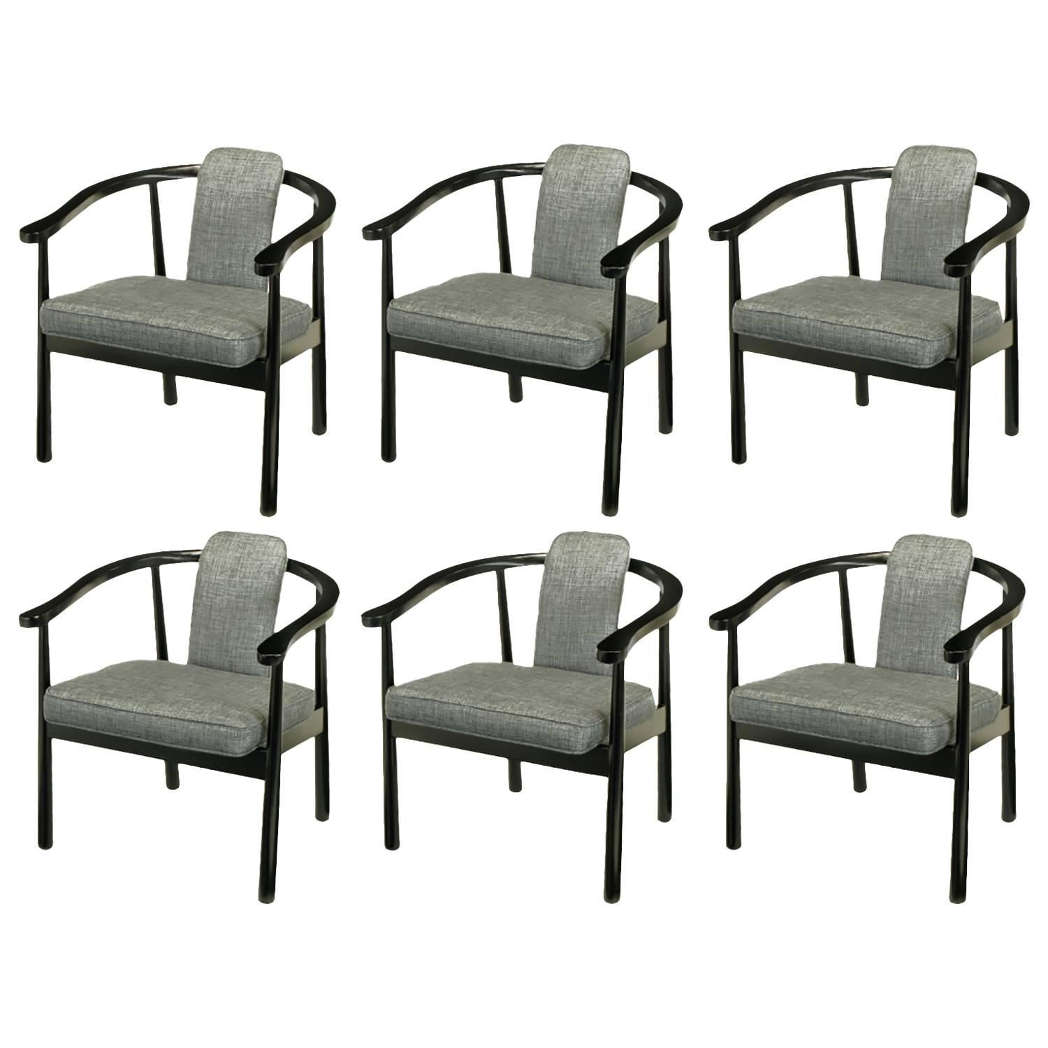 Six Slate Grey Linen Upholstered and Ebonized Yoke Arm Dining Chairs For Sale