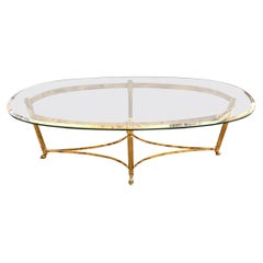Mid Century Modern Maison Jansen Style Brass & Glass Oval Coffee Cocktail Table