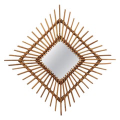 Rattan Sunburst Rhombus Wall Mirror, Spain, 1960s