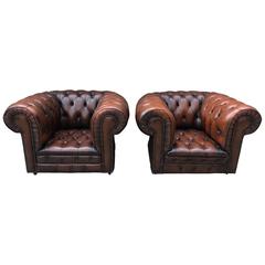 Vintage Pair of Leather Chesterfield Club Armchair