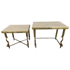 Mid Century Brass and Stone Top Nesting Tables with Brass Dolphins Two Pieces