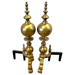 Pair of English Brass Cannonball Andirons with Lion Heads