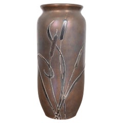 Heintz Arts & Crafts Sterling Silver on Bronze Vase With Cattail Motif