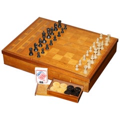 ANTIQUE CIRCA 1920 ART DECO WALNUT & OAK CHESSBOARD CHESS SET CHECKERS BRIDGE