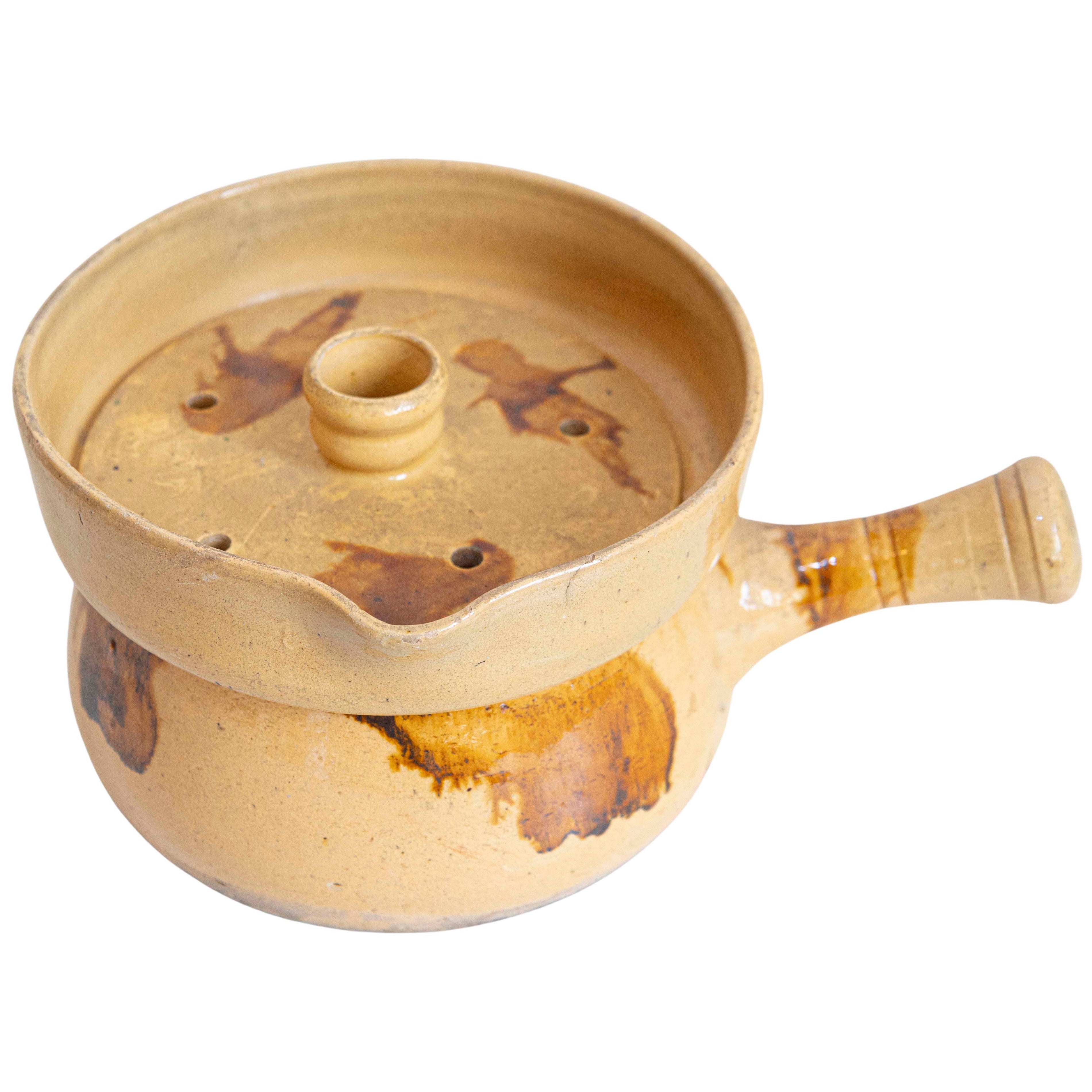 French 19th Century Yellow Glazed Pottery Steamer with Lid and Rust Accents