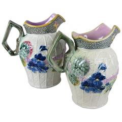 Pair of English Majolica Violets and Butterflies Pitchers