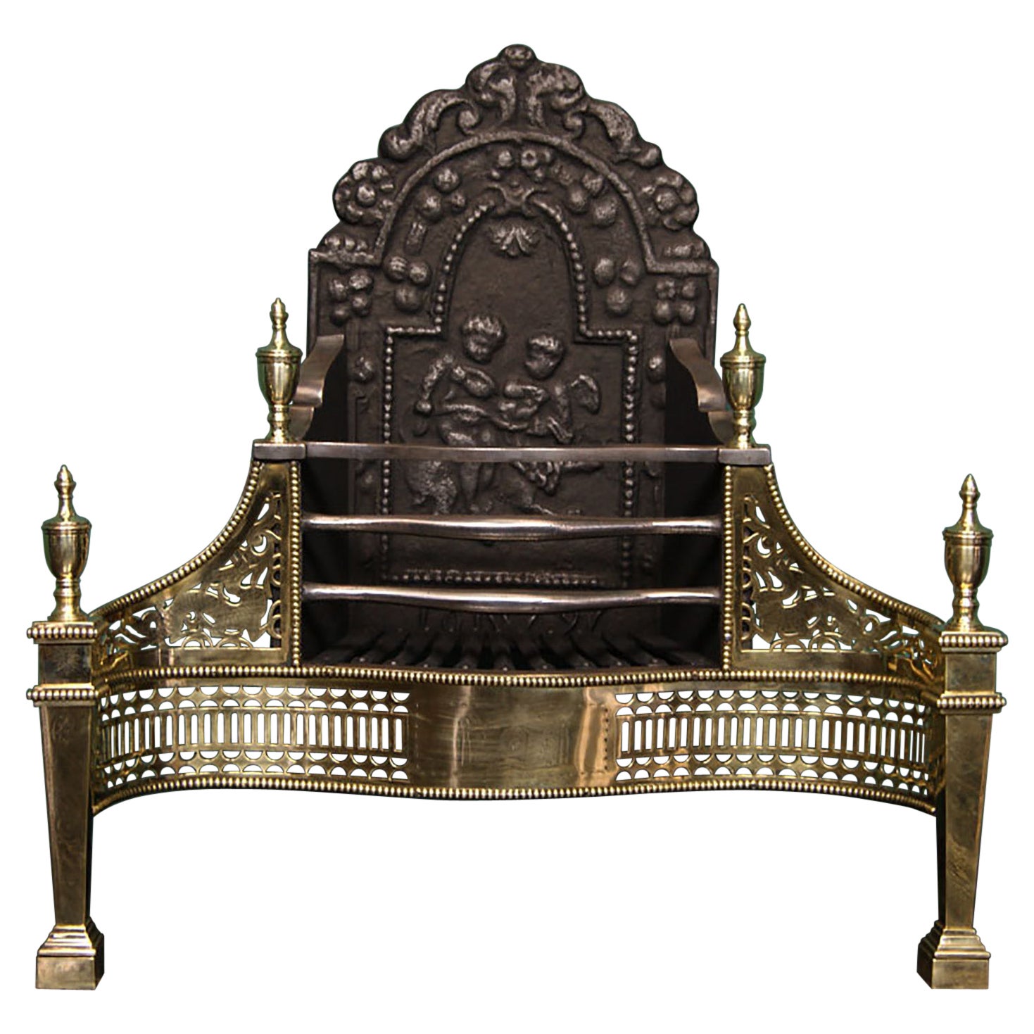 19th Century Decorative Serpentine Brass & Steel Dog Grate For Sale