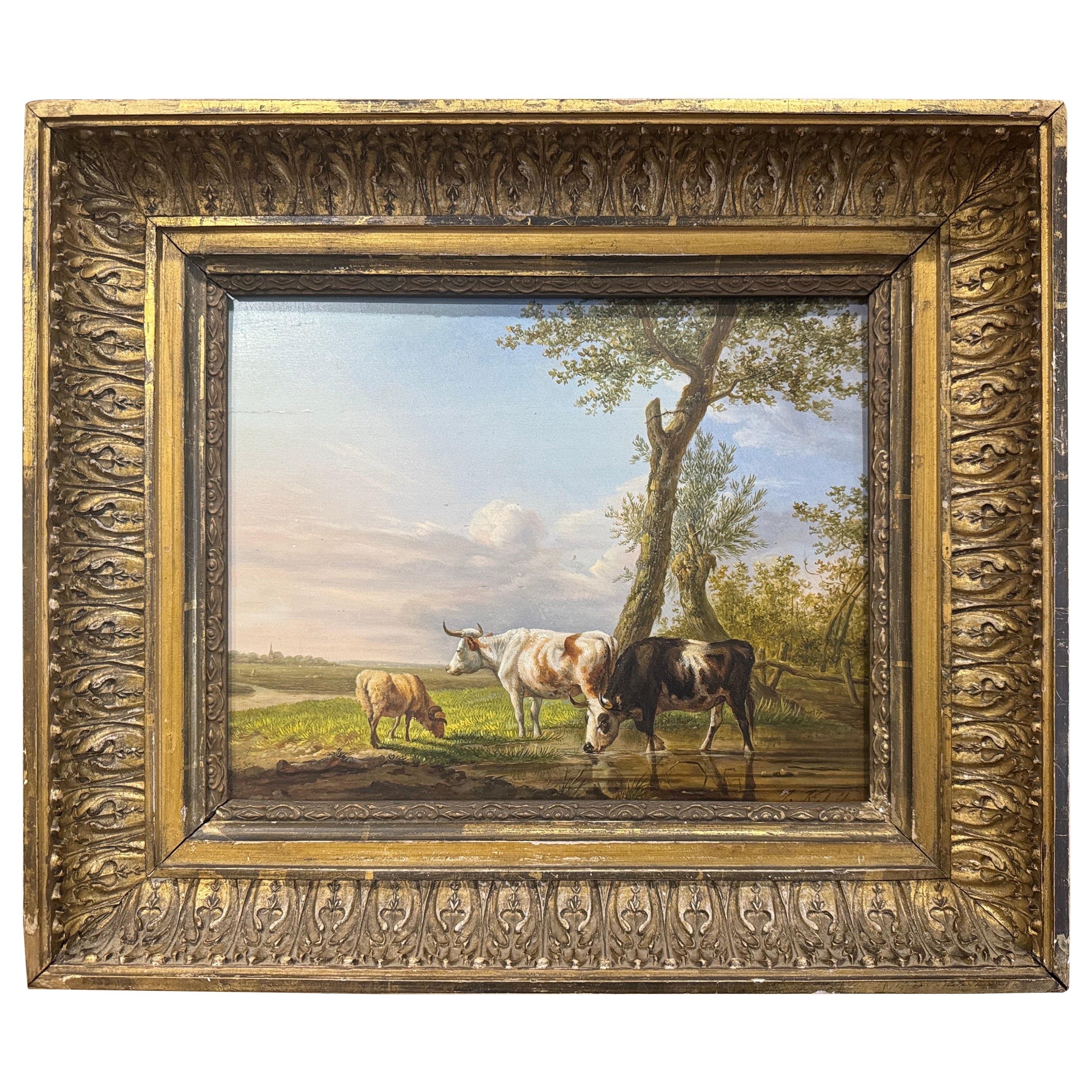 Pintura al óleo sobre tabla del siglo XVIII Vaca en marco dorado tallado Firmado Jan Kobell en venta
