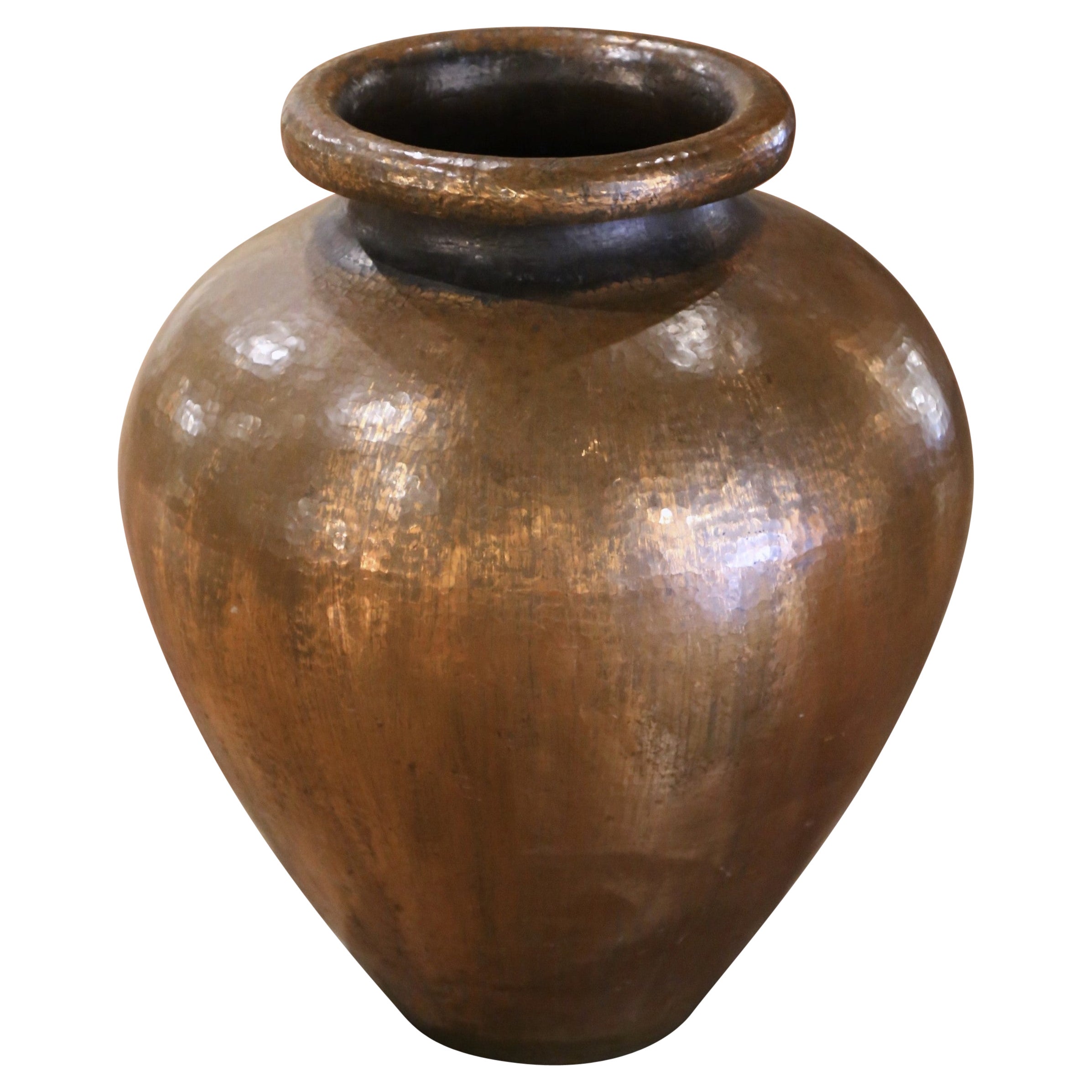 Mid-Century Spanish Hammered Patinated Copper Urn-Shape Planter For Sale