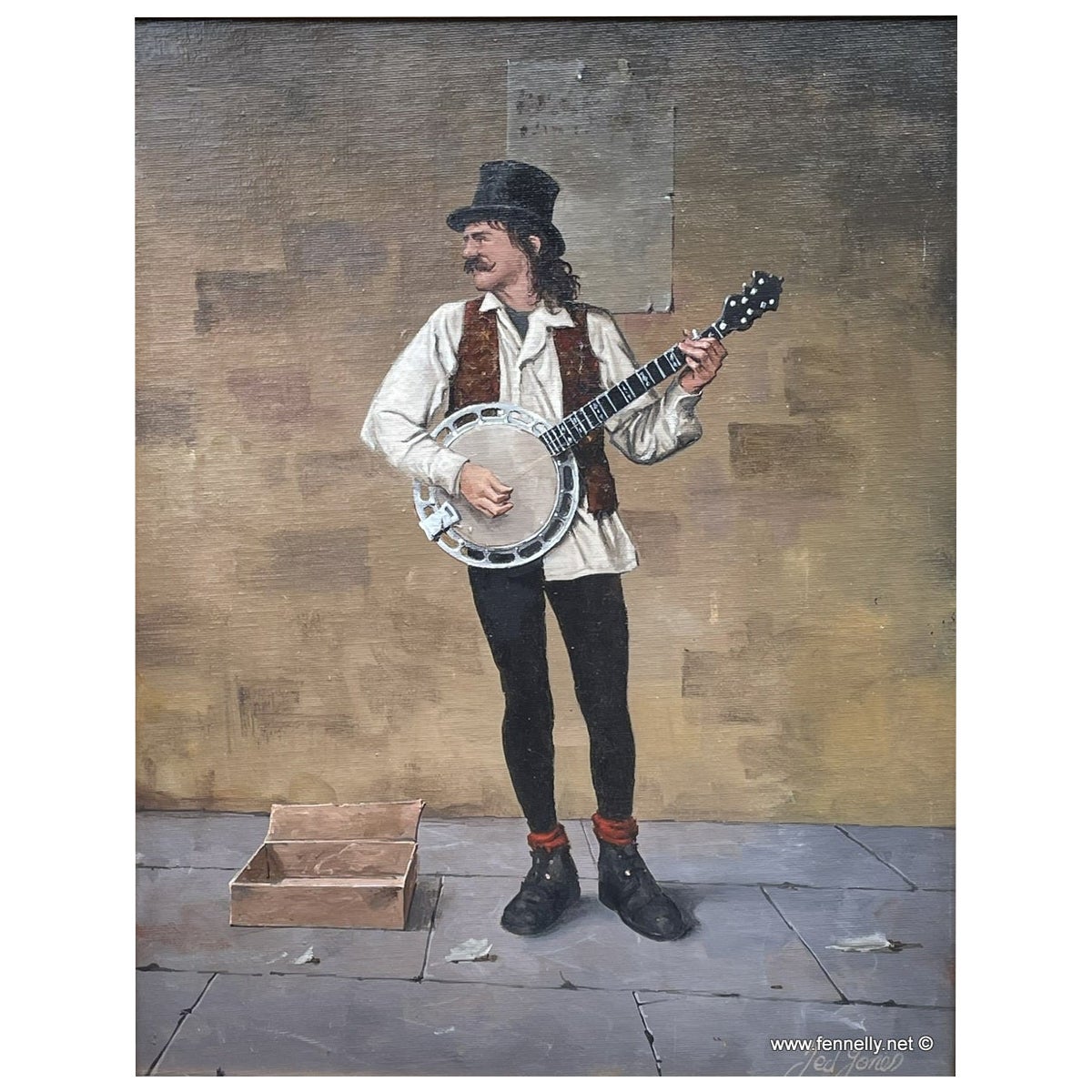 Ted Jones Dublín Irlanda Irlandés Pintura al Óleo sobre Lienzo Músico Busker Masculino en venta