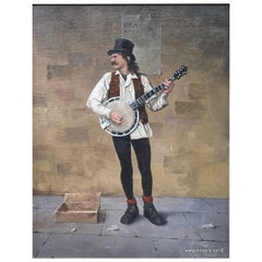 Ted Jones Dublín Irlanda Irlandés Pintura al Óleo sobre Lienzo Músico Busker Masculino