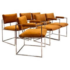 A set of 6 chrome and velvet “Thin Line” dining chairs designed by Milo Baughman