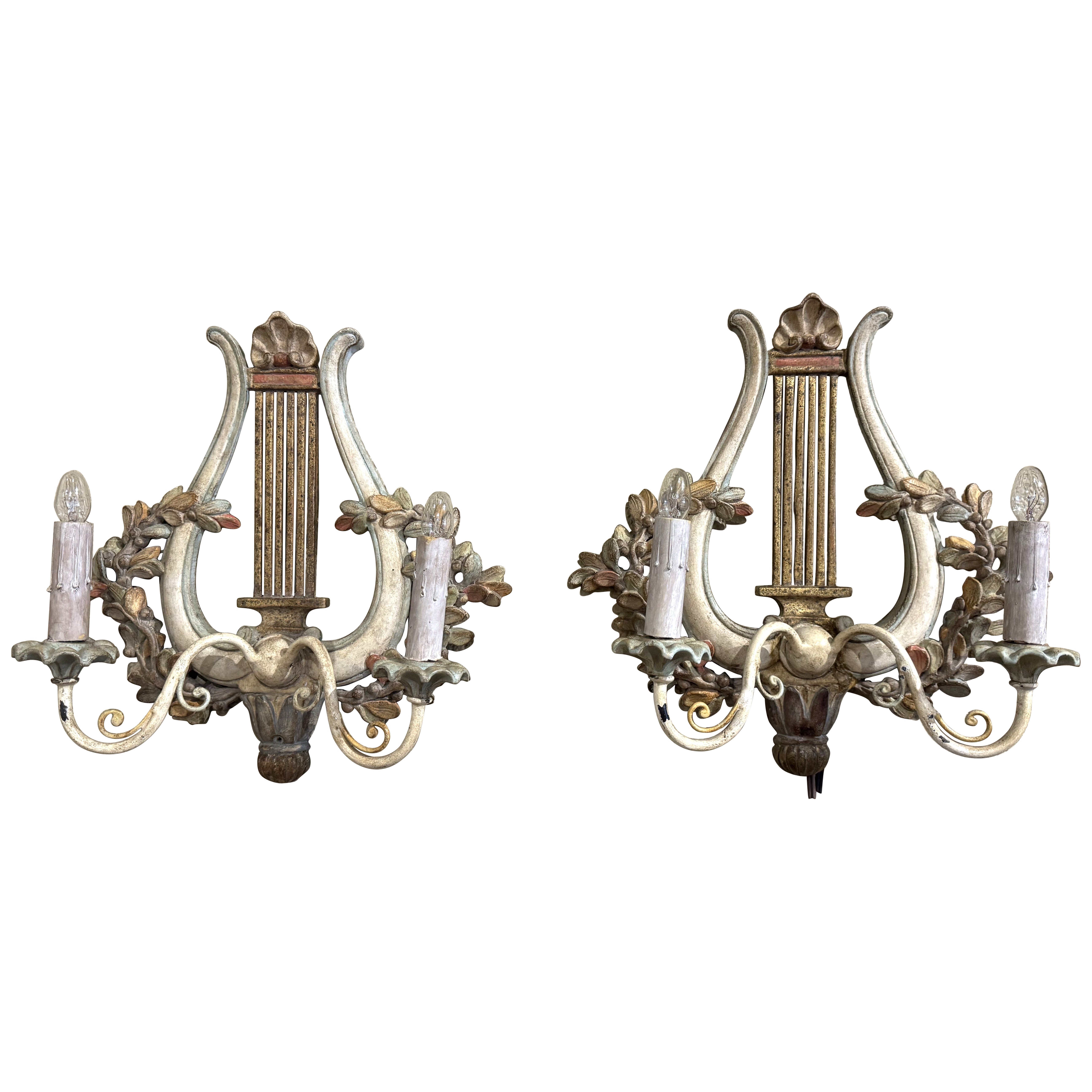 Pair of Mid-Century French Carved and Painted Two-Light Lyre Wall Sconces