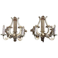 Pair of Mid-Century French Carved and Painted Two-Light Lyre Wall Sconces