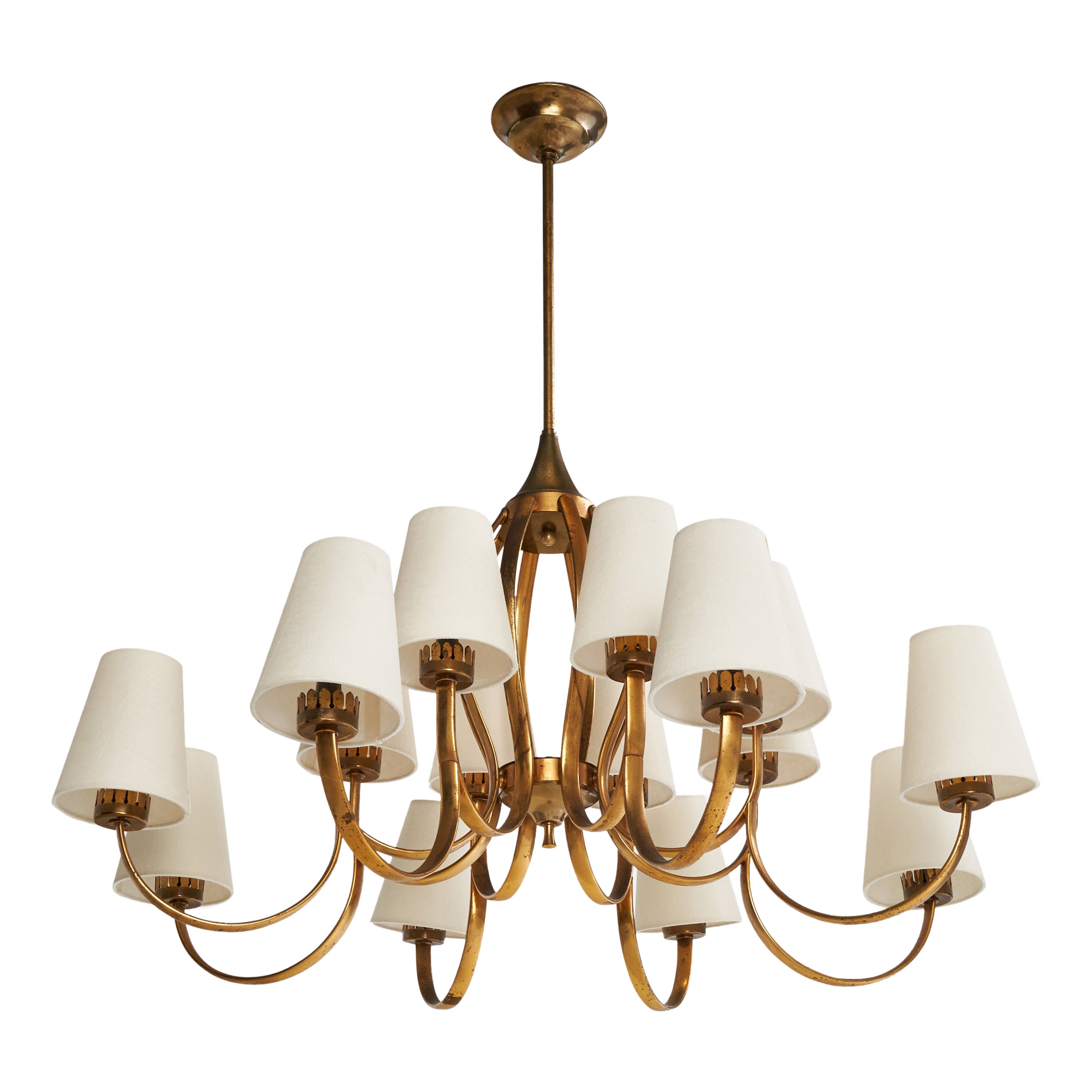 Italian Designer, Chandelier, Brass, Fabric, Italy, 1950s