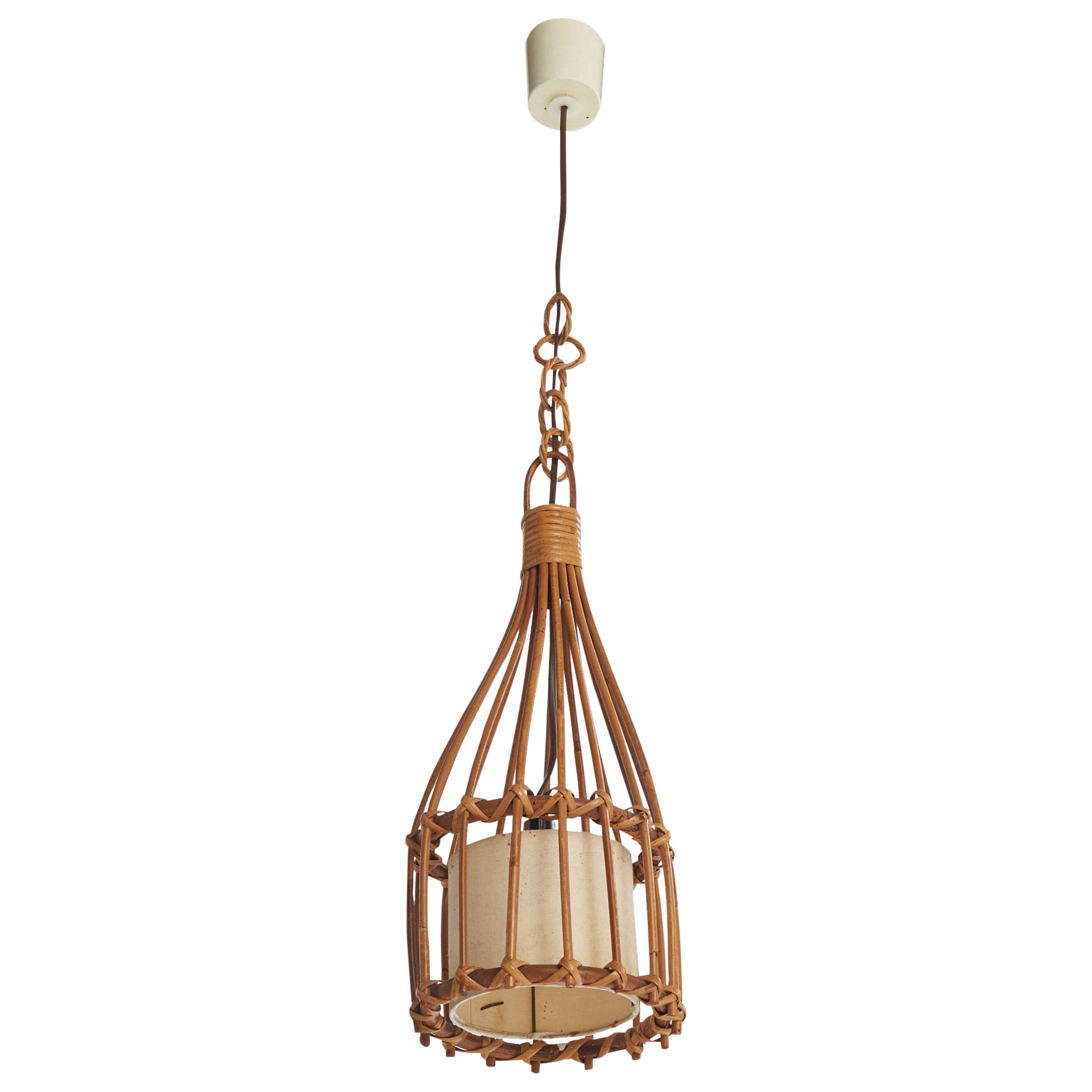 French Designer, Pendant Light, Bamboo, Rattan, Fabric, France, 1970s