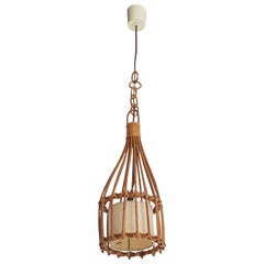 Französische Designerin, Pendelleuchte, Bambus, Rattan, Stoff, Frankreich, 1970er Jahre